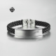 Silver black leather stainless steel handmade bracelet slim