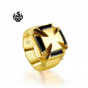 Gold black cross bikies ring solid stainless steel band soft gothic