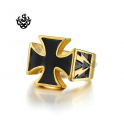 Gold black cross bikies ring solid stainless steel lightning band soft gothic
