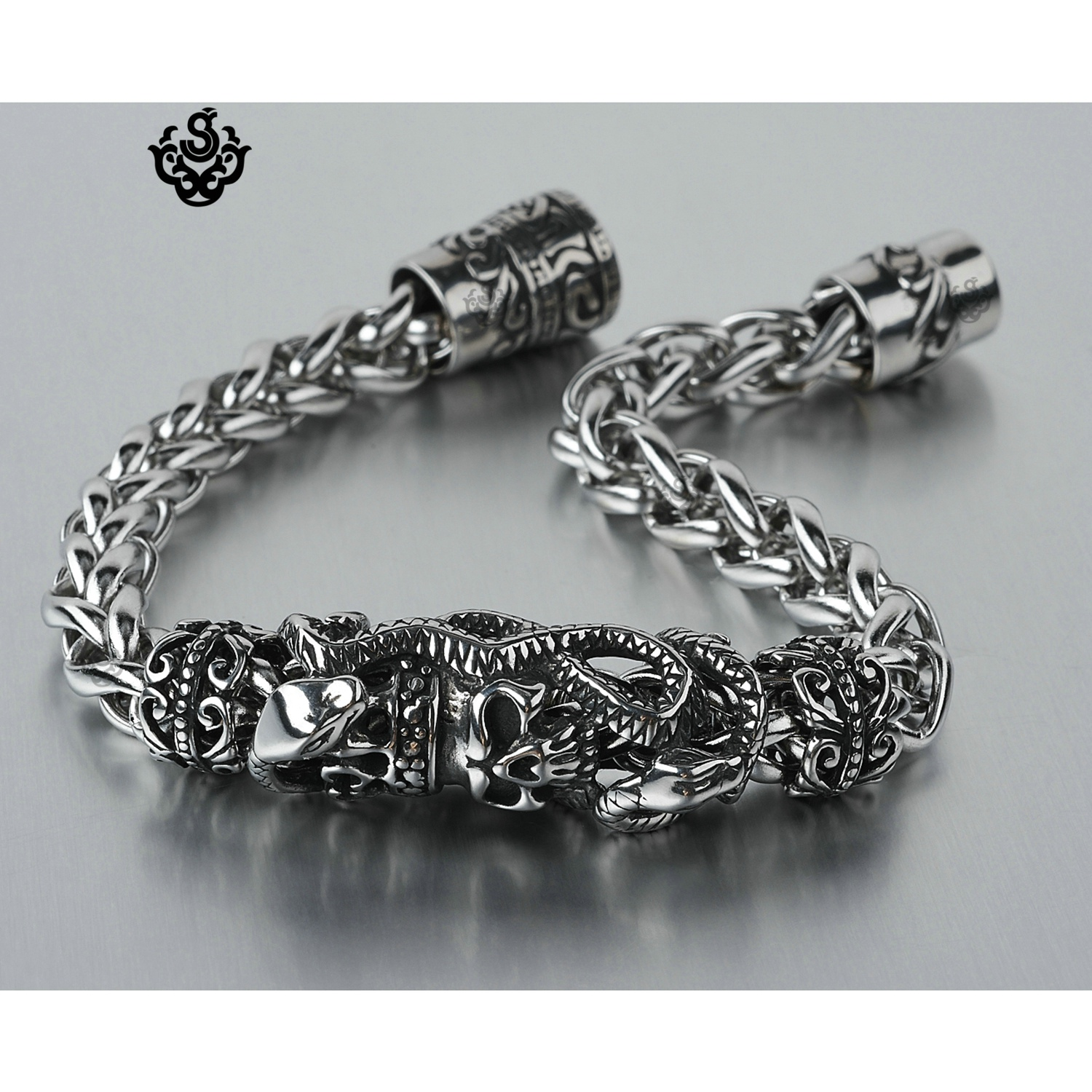 Silver bracelet bikies chain stainless steel skull crown snake black silicon new