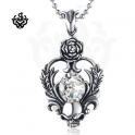 Silver emblem rose skull simulated diamond stainless steel gothic pendant