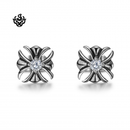 Silver stud swarovski crystal stainless steel cross Fleur-De-Lis earrings