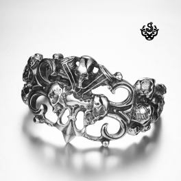Silver biker bracelet stainless steel men skull Fleur-De-Lis cuff bangle
