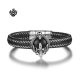Silver black leather skull bangle stainless steel black CZ handmade bracelet