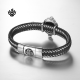 Silver black leather skull bangle stainless steel black CZ handmade bracelet