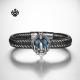 Silver black leather skull bangle stainless steel blue CZ handmade bracelet