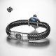 Silver black leather skull bangle stainless steel blue CZ handmade bracelet