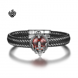 Silver black leather skull bangle stainless steel red CZ handmade bracelet