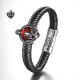 Silver black leather skull bangle stainless steel red CZ handmade bracelet
