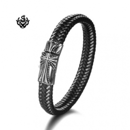 Silver black leather Celtic cross bangle stainless steel handmade bracelet 