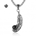 Silver feather pendant black onyx stainless steel necklace soft gothic 