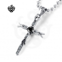 Silver Cross fourchee black clear simulated diamond pendant necklace gothic new
