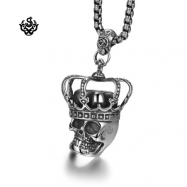 Silver pendant funky skull king crown rose stainless steel necklace 