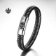 Silver black leather Fleur-de-lis bangle stainless steel handmade bracelet 