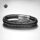Silver black leather Fleur-de-lis bangle stainless steel handmade bracelet 