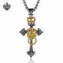 Silver vintage pendant gold cross lion crown flower stainless steel necklace 