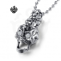 Silver stainless steel skull clear simulated diamond gothic pendant necklace