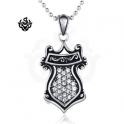 Silver shield simulated diamonds stainless steel soft gothic pendant necklace SG
