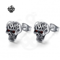 Silver studs red swarovski crystal stainless steel gothic skull earrings