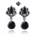 Silver studs dangle black crystals stainless steel gothic crown flower earrings