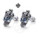 Silver studs blue swarovski crystal stainless steel king skull gothic earrings