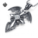Dragon wings cross sword clear simulated diamond vintage style gothic pendant