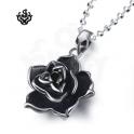 Silver rose pendant black swarovski crystal stainless steel necklace