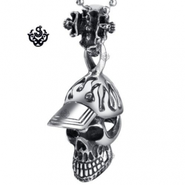 Silver skull in baseball cap pendant stainless steel 3D necklace soft gothic