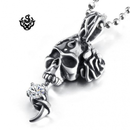 Silver pendant stainless steel skull rose simulated diamond gothic necklace