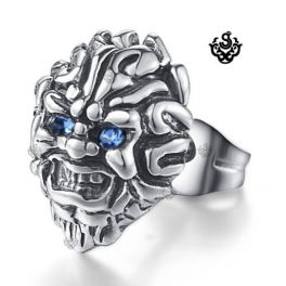 lion stud blue crystal silver stainless steel titanium single earring