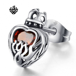Silver stud ruby red swarovski crystal stainless steel crown heart earring