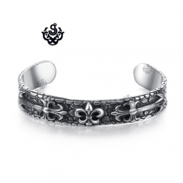 Silver fleur-de-lis engraved bangle stainless steel cuff bracelet