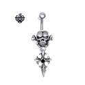 Silver stud swarovski crystal stainless steel skull Fleur-de-lis belly ring