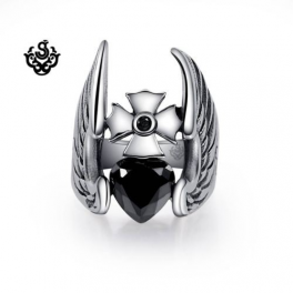Silver cross ring angel wings black cz heart solid stainless steel band