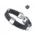 Silver black leather stainless steel handmade bracelet